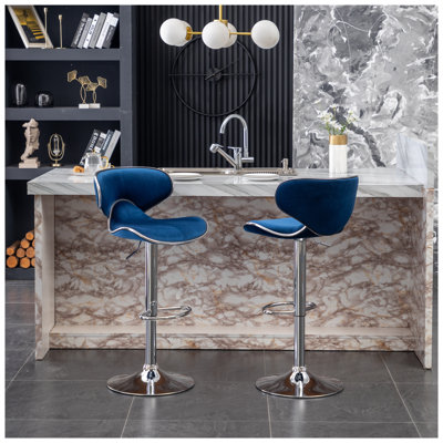 Masaccio Set of 2 Velvet Adjustable Swivel Barstools with Footrest, Green Upholstery and Chrome Base