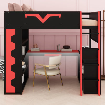 Gaming Loft Bed Frame with Desk, RGB LED Lights & Power Outlet,Shelves, Pegboard, Keyboard Tray & Storage Drawer for Teens & Gamers