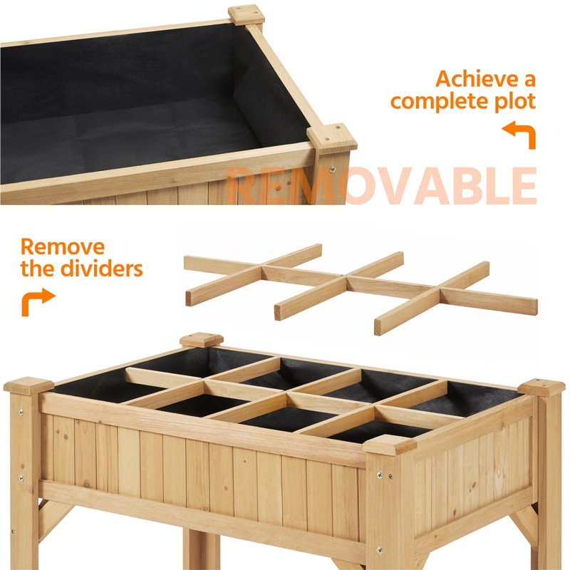 Toliver 8-Pocket Wood Elevated Garden Planter with Fabric Liner