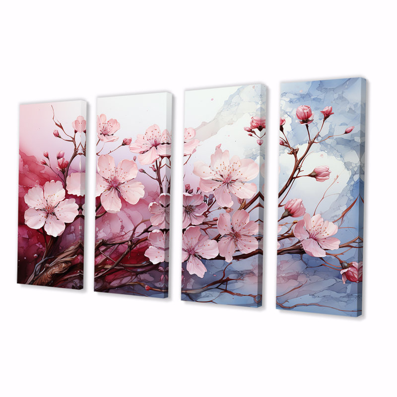 «Pink Blossom Cheery Tree Wind I», ensemble d'art mural 4 pièces cerise, H 28 po x l 48 po