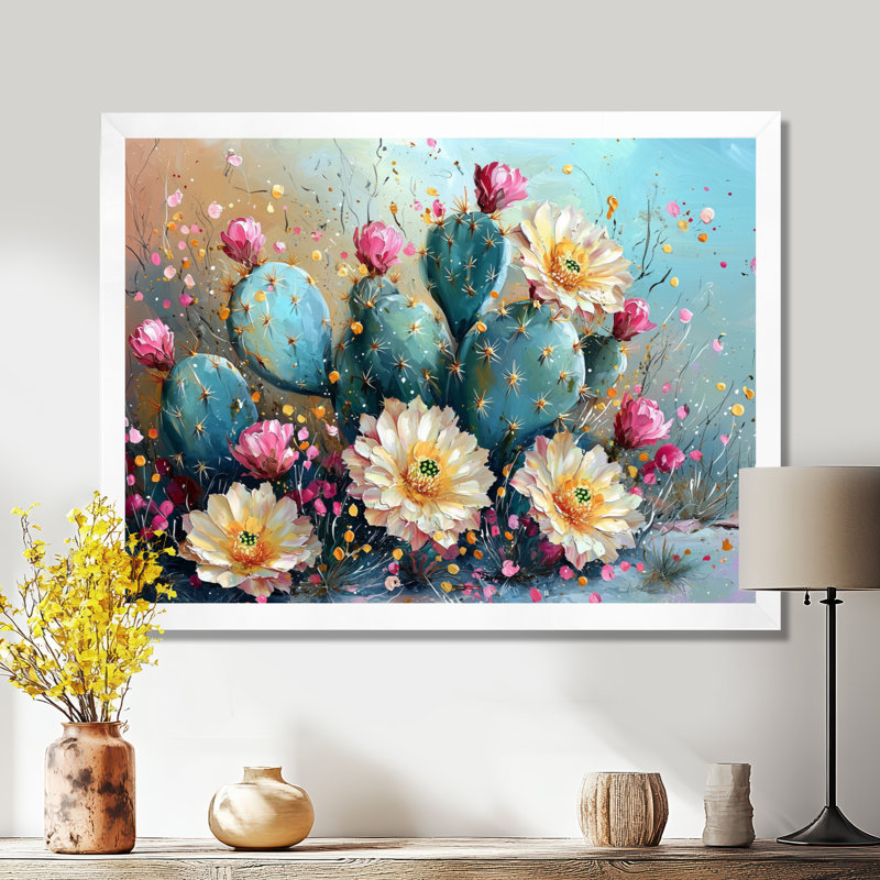 Cactus jaune et vert - Cactus, art mural, H 12 po x l 20 po, Cadre simple, Blanc
