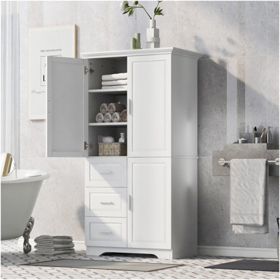 Tall And Wide Storage Cabinet With Doors For Bathroom/Office, Three Drawers, White