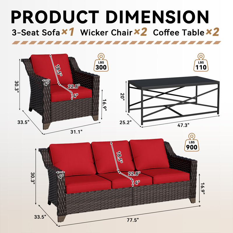 Ensemble de patio en rotin PE 5 places Aleira, Rouge