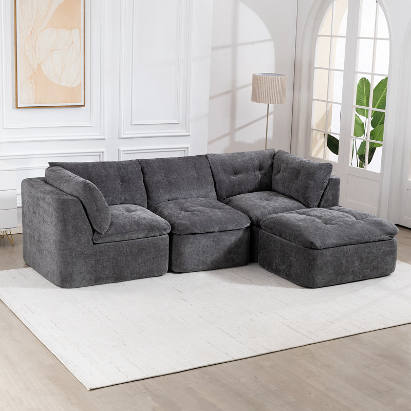 Canapé modulaire en L en chenille avec repose-pieds et coussin moelleux, Gris foncé