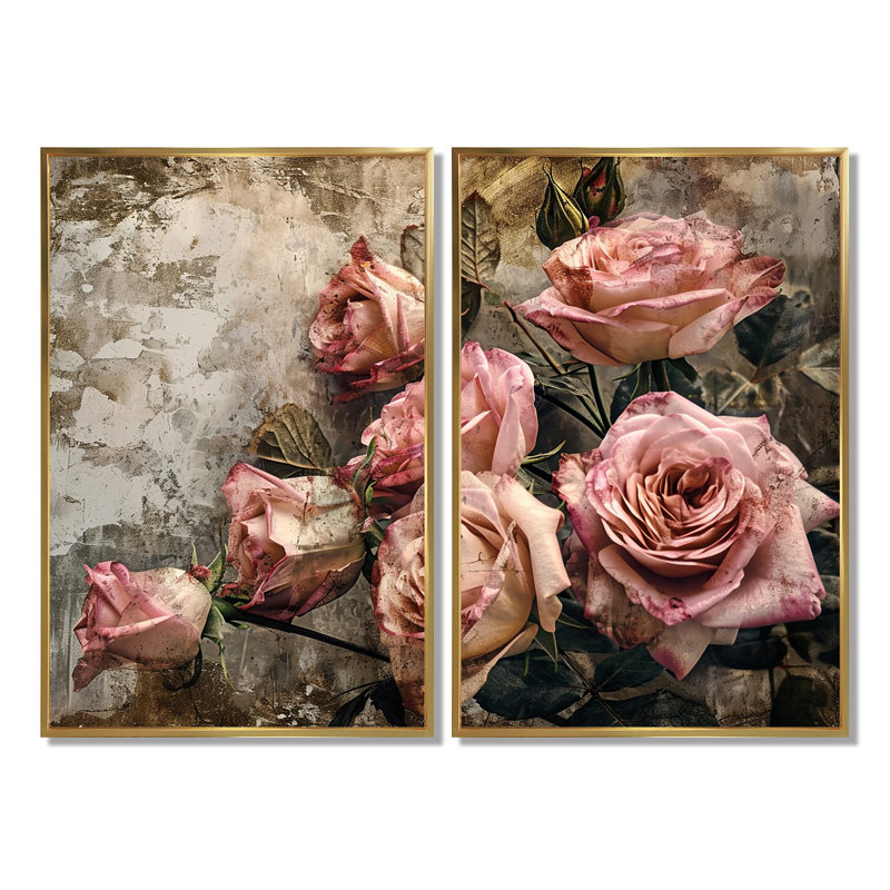 «Pink Rose Vintage Grunge - Floral Roses», art mural sur toile, Impression encadrée flottante sans passe-partout, Doré