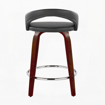 Tabouret de bar pivotant à hauteur fixe en bois d'acajou, repose-pieds en métal chromé et revêtement en similicuir noir, lot de 2
