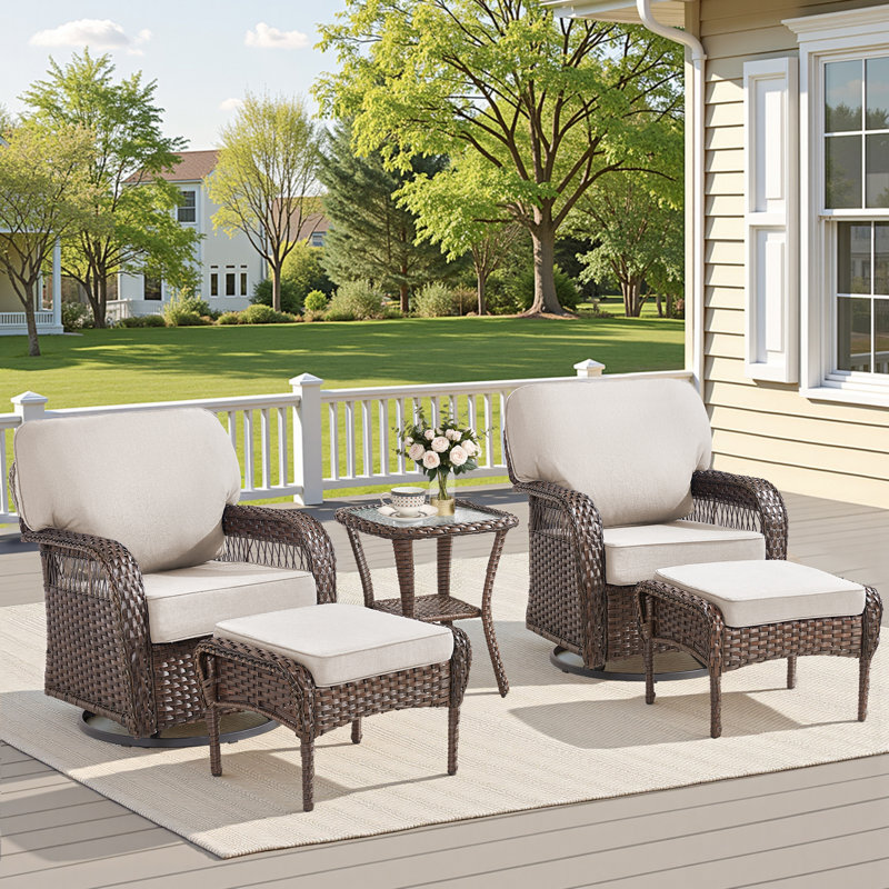 5-Piece Premium Outdoor Rattan Set, 2 Swivel Glider Chairs With T-Shaped Backrests, 2 Multi-Functional Ottomans & A Reinforced Glass Side Table For Patio, Garden, Poolside & Backyard