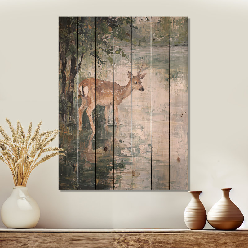 Cerf au bord du lac, campagne I - Art mural moderne sur bois de pin naturel, H 40 po x l 30 po