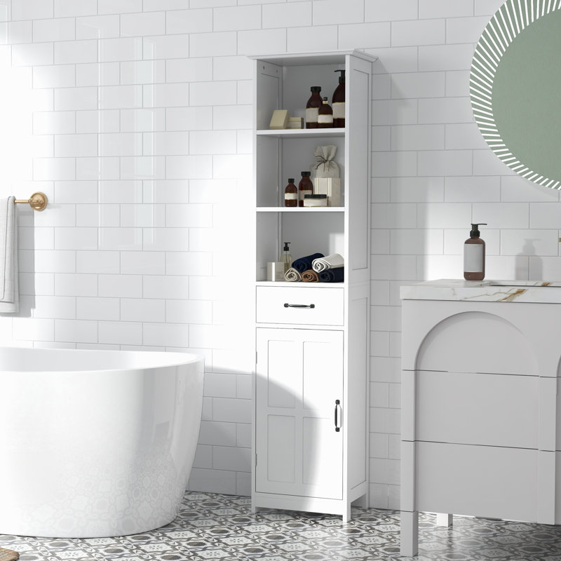 Grande armoire de rangement blanche avec 3 tablettes, un tiroir et une porte encastrée pour les serviettes hygiéniques, un tiroir mince et des tablettes pour maximiser l'espace