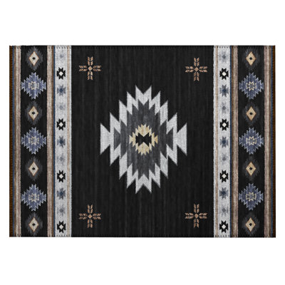 Tapis noir / bleu / blanc en polyester tissé à la machine Bilyeu Southwestern
