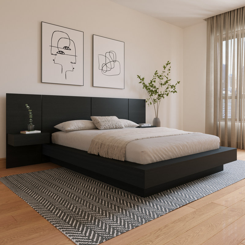 Ensemble de chambre à coucher 3 pièces avec lit et 2 tables de chevet flottantes Kaenen, Roi, Noir