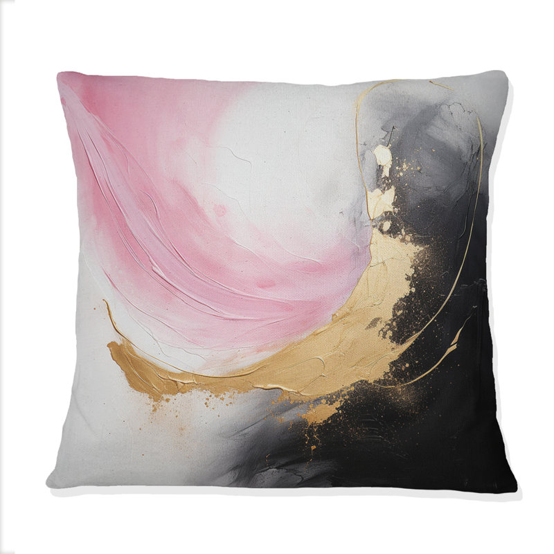 Abstrait vague dorée abstraite rose et noire III - Coussin décoratif avec peinture abstraite
