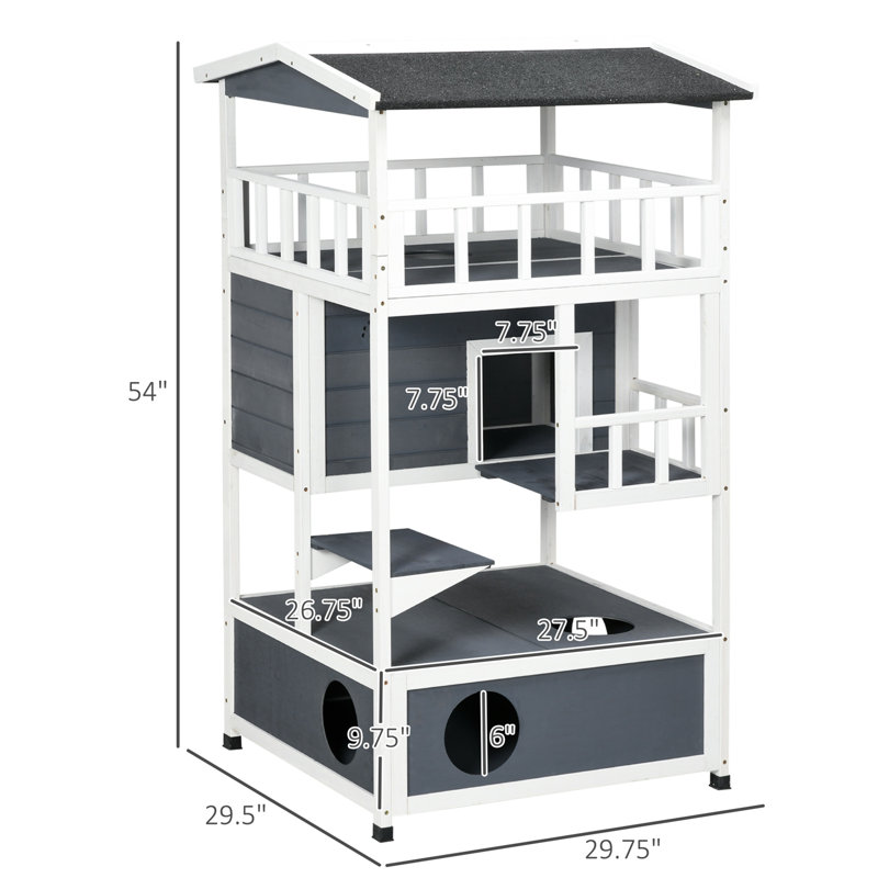 Maison d'extérieur en bois pour chat, H 54 po x l 29,8 po x L 29,5 po, Gris / Blanc