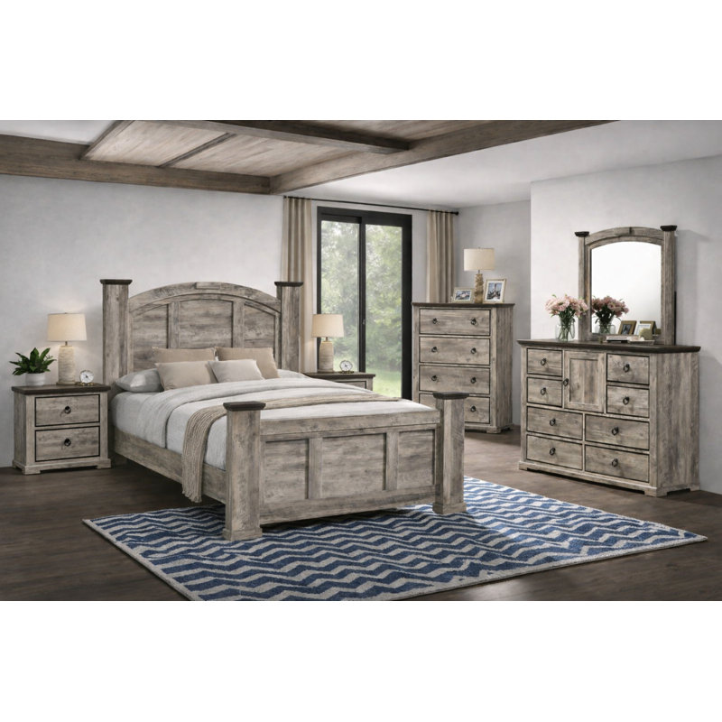 Ensemble de chambre à coucher affiche classique avec finition grise, Grand lit, 6 pièces