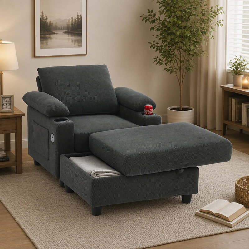 Chaise longue polyvalente avec dossier inclinable et pouf de rangement
