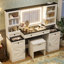 Meuble-lavabo de 61,5 po avec miroir et lumières DEL, coiffeuse avec 5 tiroirs et 4 armoires, ensemble de coiffeuse de maquillage avec bureau en verre et tabouret de coussin