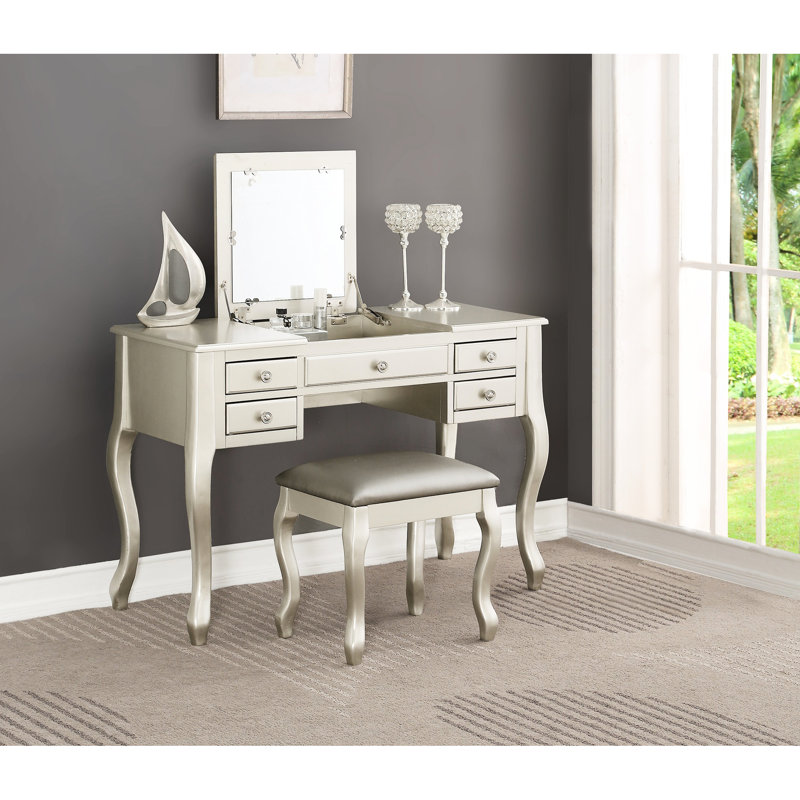 Meuble-lavabo classique argenté avec tabouret, pieds uniques, placage de peuplier sur contreplaqué, dimensions de 43 po x 18 po pour le confort de la chambre à coucher, miroir ouvert moderne rembourré, bois d'hévéa et routine matinale de 39 po de hauteur
