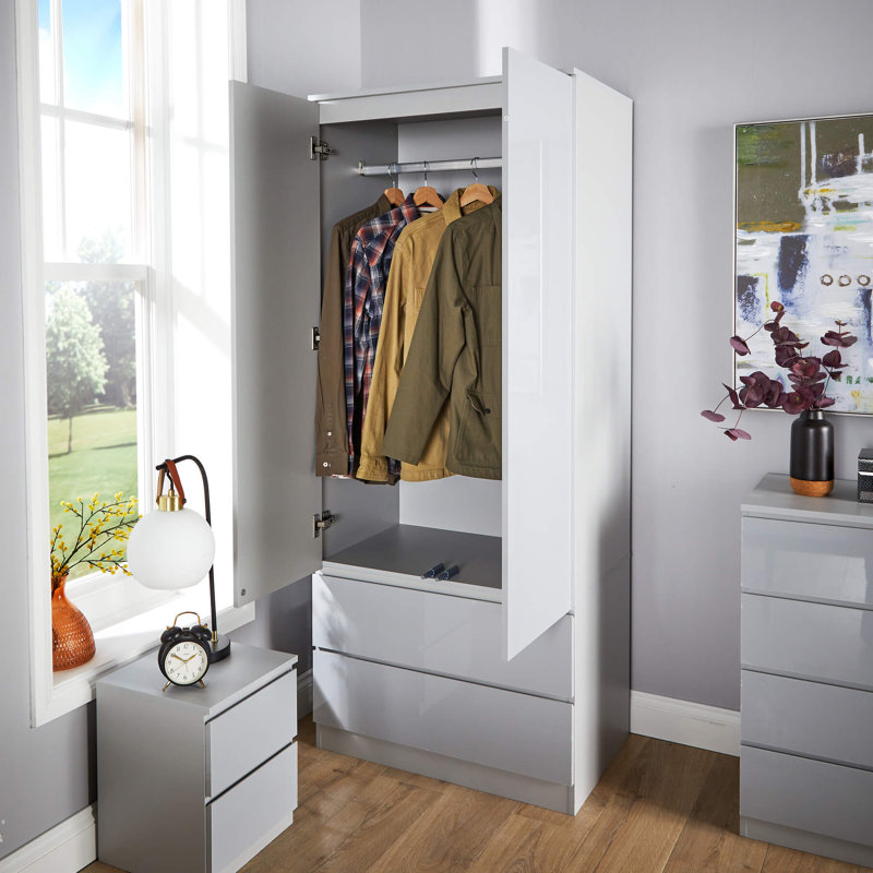 Rishin 2 Door 2 Drawer High Gloss Wardrobe Storage Unit, Grey