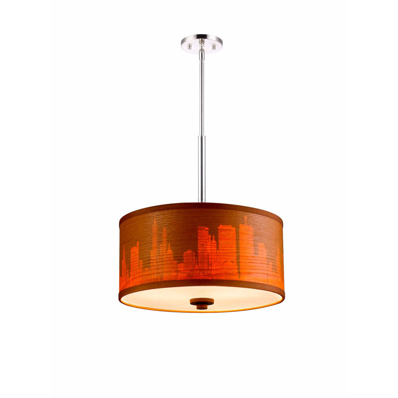 Lustre tambour 3 lumières Ahmia Abularach, H 13 po x l 14,5 po x P 14,5 po, Placage de bois brûlé, Nickel satiné