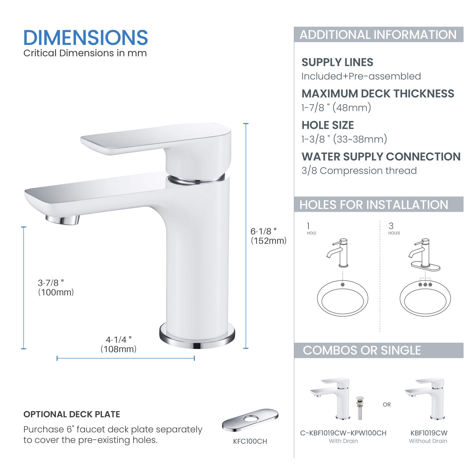 Tender Single-Hole Bathroom Faucet with Drain, Chrome/White