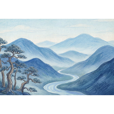 «Blue Mountain Landscape», papier peint avec aquarelle et rivière sinueuse