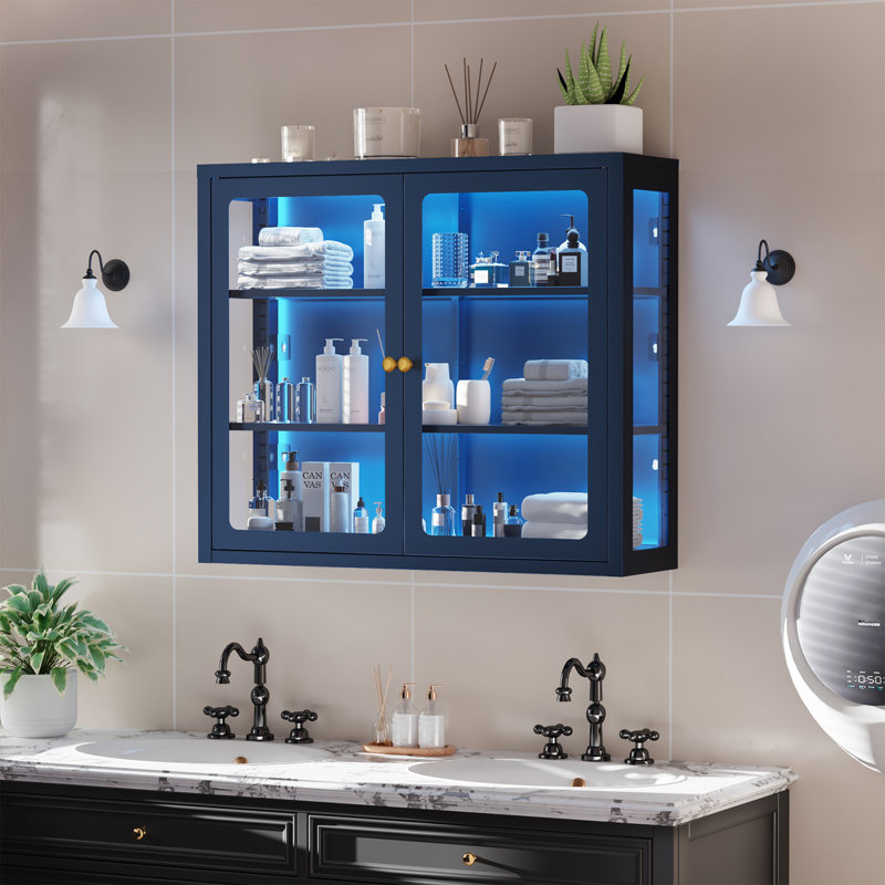 Vitrine murale en verre 3 faces avec portes doubles, Bleu