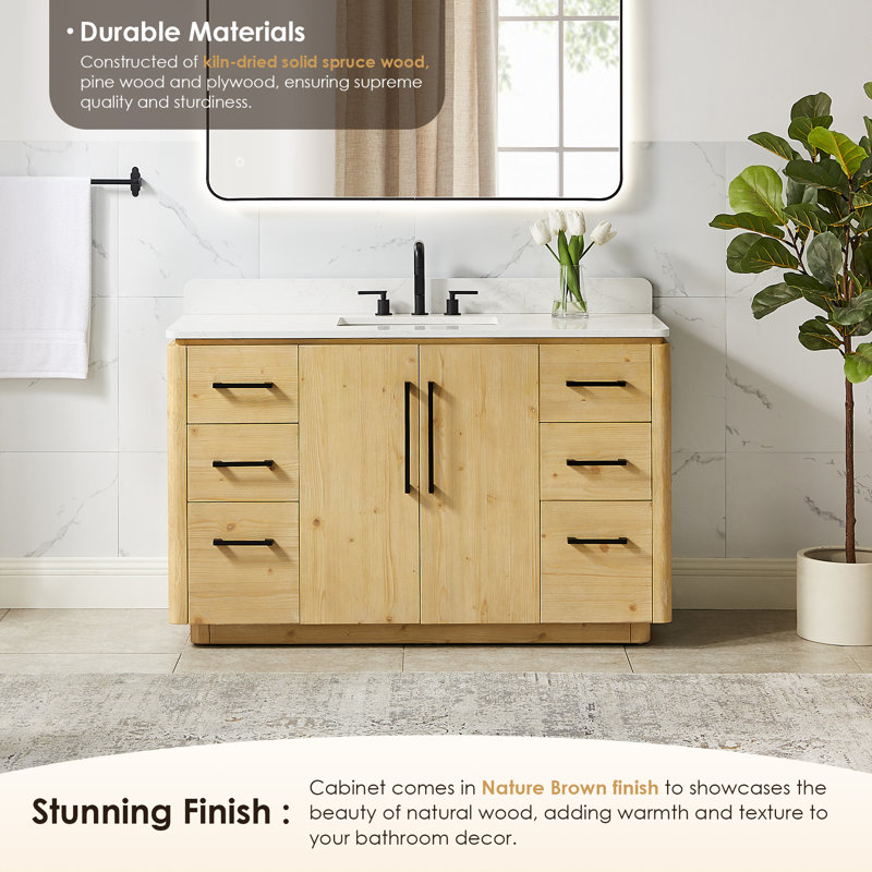 Lewistown 54" Single Bathroom Vanity in Nature Brown with Grain White Engineered Stone Countertop without Mirror