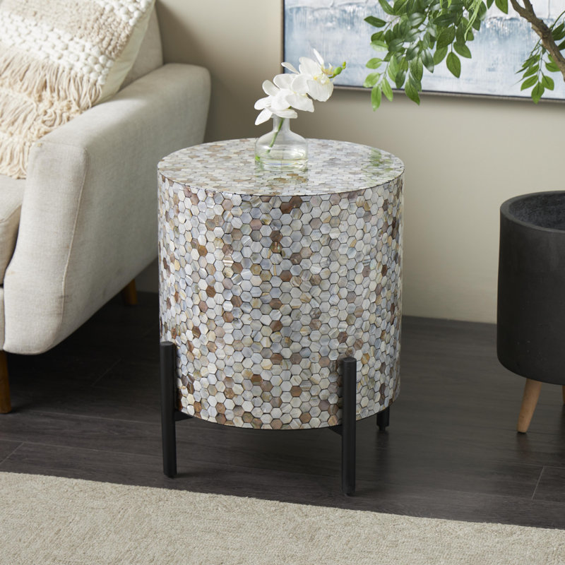 Cole And Grey Mother Of Pearl Shell Handmade Inlay Abstract Accent Table With Black Legs