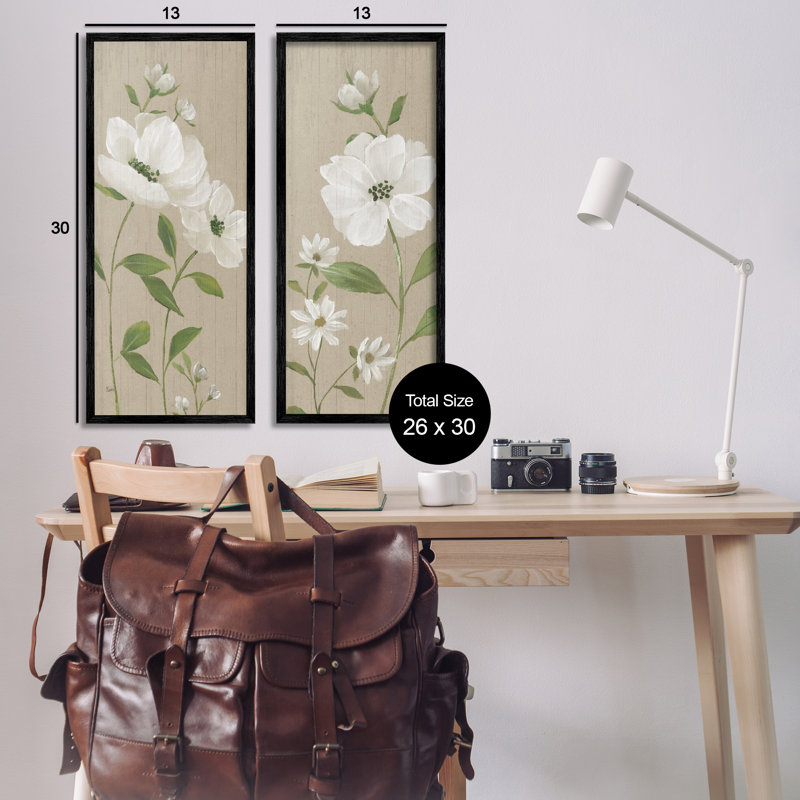  «Cottage Blossoms on Beige», ensemble de 2 estampes numériques par Nan, H 30 po x l 13 po, Giclée encadrée noir minuit