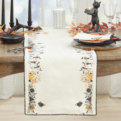 Black Spooky Pumpkin, Skeleton & Witch Design Halloween Town Cotton Table Runner 16" W X 72" L