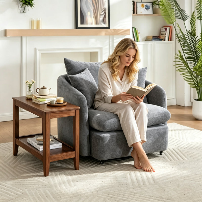 Ensemble de meubles de salon 2 pièces, fauteuil pivotant surdimensionné de 117 cm et table d'appoint à 2 niveaux en bois d'hévéa, fauteuil d'appoint en chenille avec 3 coussins et table d'appoint pour canapé