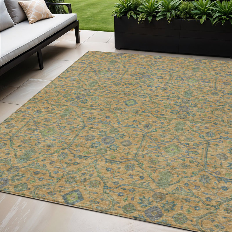 Tapis extérieur lavable floral bleu orange et vert 5 pi x 8 pi