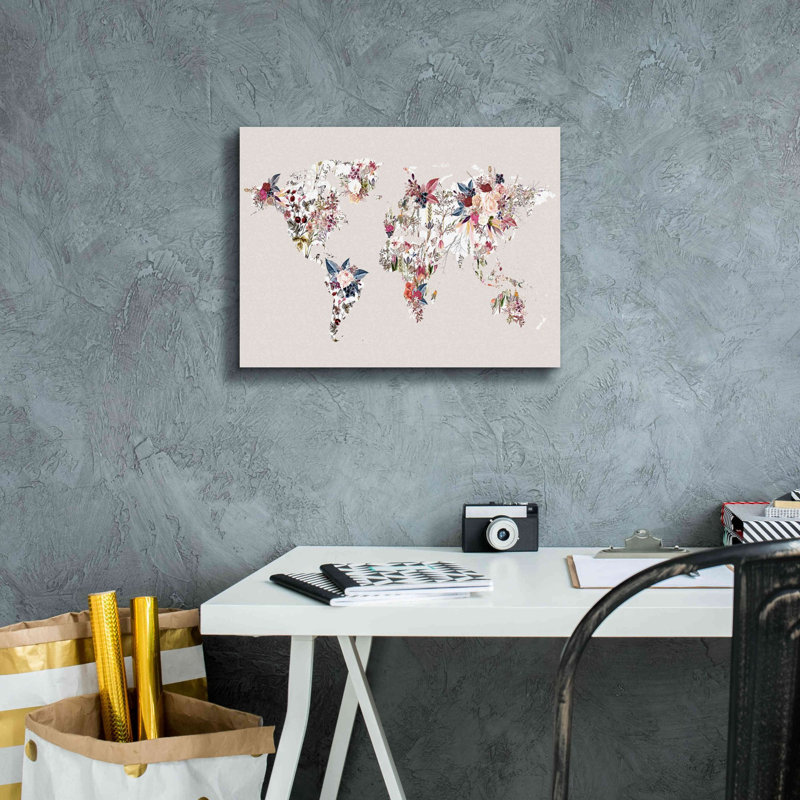 «World Map Flowers (Light)» par Design Fabrikken, art mural épique sur toile 16 po x 12 po, H 12 po x l 16 po x P 0,75 po