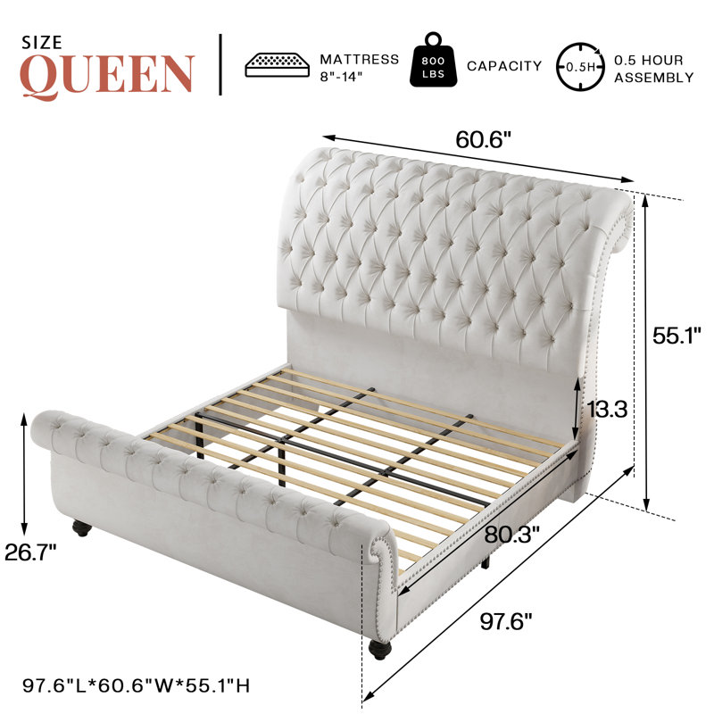 Tufted Upholstered Platform Bed, White
