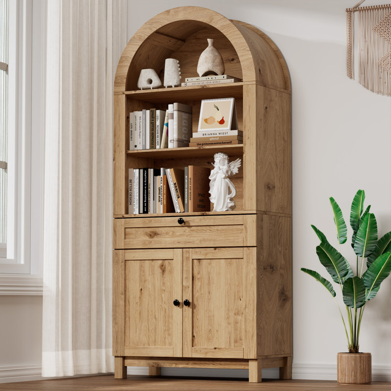 71" Arched Storage Bookcase, Display Cabinet With Adjustable Shelf And Drawer, Rustic Natural