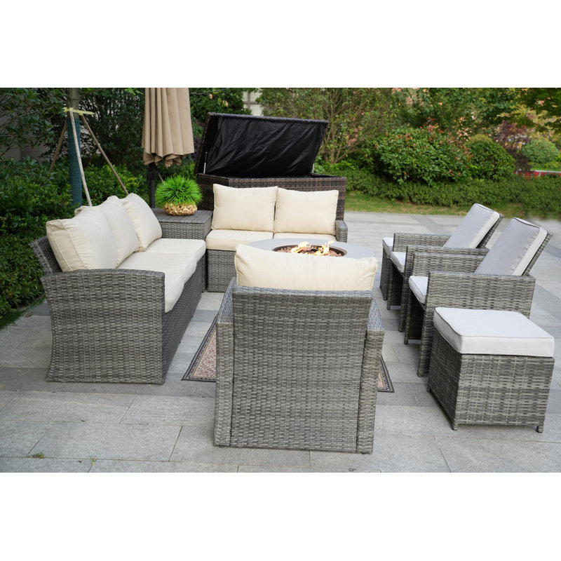 8 - Person Patio Conversation Set with Cushions, Beige, Gray