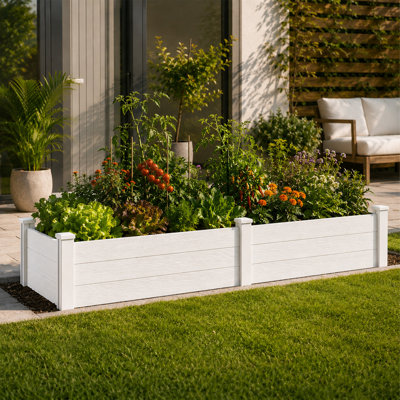 Ensemble de jardin surélevé L 98,9 po x l 18,4 po Kozyard, pot à fleurs d'extérieur WPC avec cadre en aluminium, pot à fleurs surélevé avec drain de fond ouvert, toile de protection contre les mauvaises herbes pour fleurs, herbes