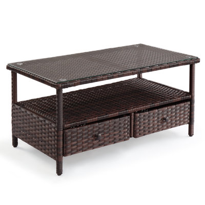Elegant Brown Wicker Side Table With Double Shelves And Two Drawers by East Urban Home