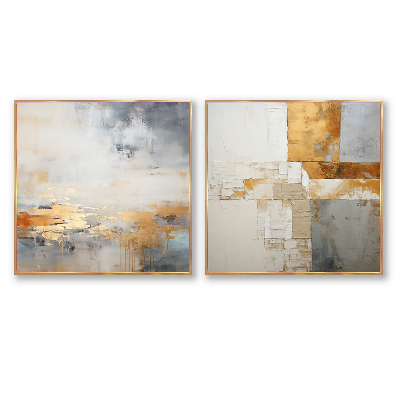 Minimalisme beige et doré vague horizon I - collages abstraits carrés, ensemble de 2 collages, Cadre flottant doré