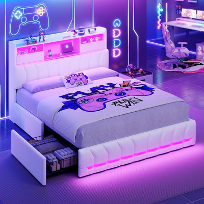 Bed Frame With Storage Headboard And Two Large Drawers, Gaming Bed With Rgb Lighting And Charging Station, E-sports Style Bed, No Spring Mattress Required