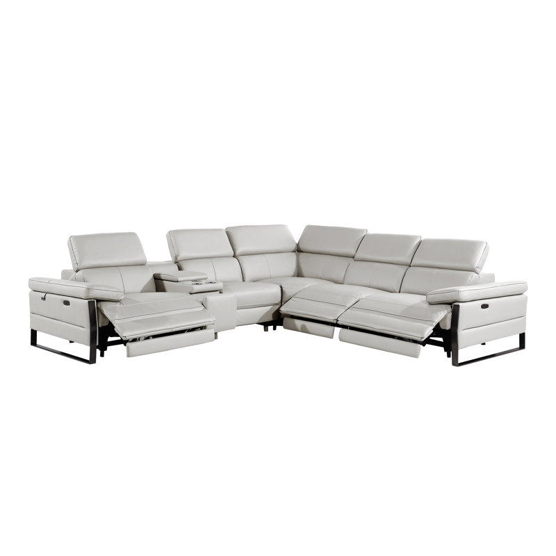 Top Grain Italian Leather 6-Piece L-Shaped Modular Power Reclining Sectional With 3 Power Recliners & Power Headrests