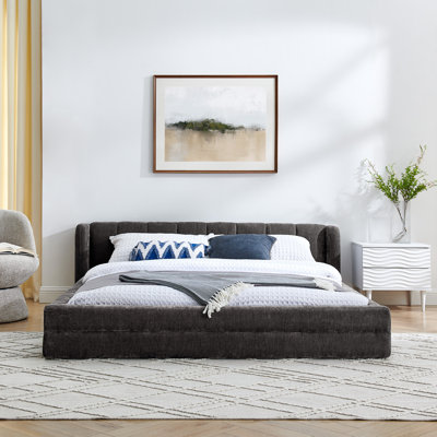 Queen Size Upholstered Bed Frame With Thick Fabric, Chenille Fabric Grounded Queen Size Platform Bed With Headboard And Solid Frame