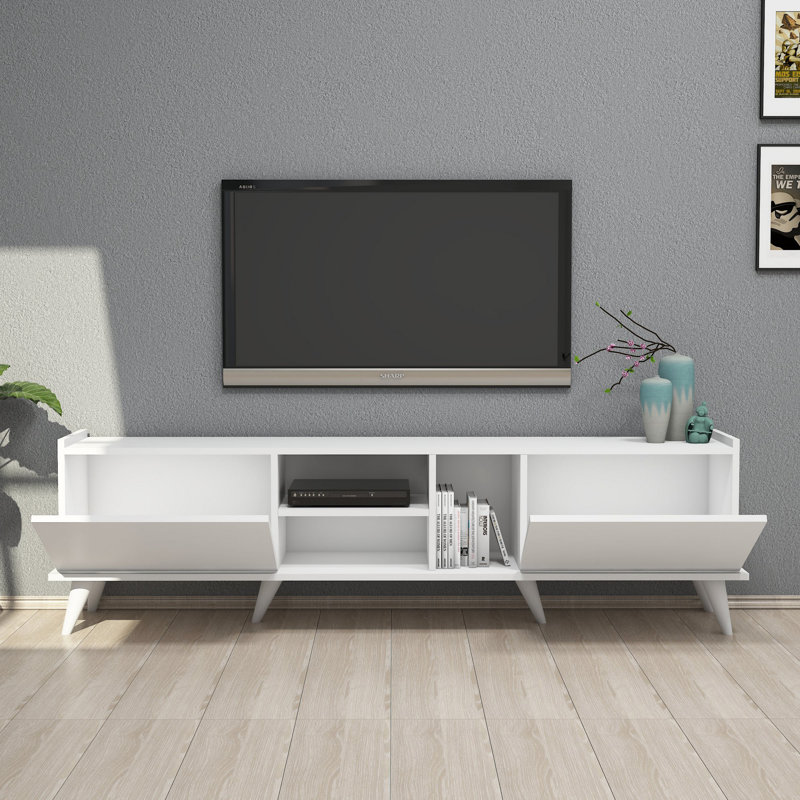 Modern TV Stand, 70.9 x 20.5 x 13.4 inches | 100% Melamine Coated Particle Board, Thickness: 0.7 inches | Wall-Mountable with Plastic Legs & Numerous Shelves | Scandinavian Design for Stylish Living Rooms