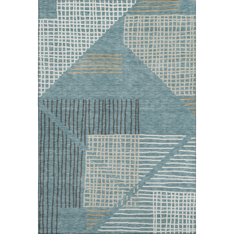 Premium Machine Washable Mayfield AMF2270 Striped Rug, Teal, 5' x 7'6"