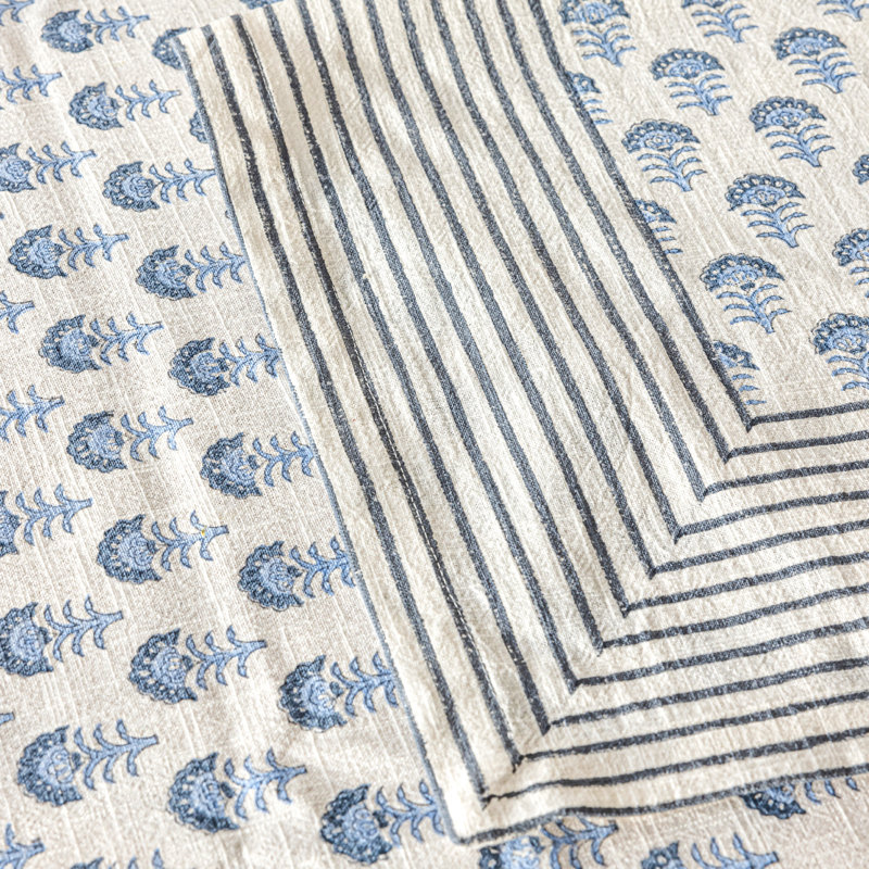 Hand-Screened Blue Flower Cotton Rectangular Tablecloth 70x90