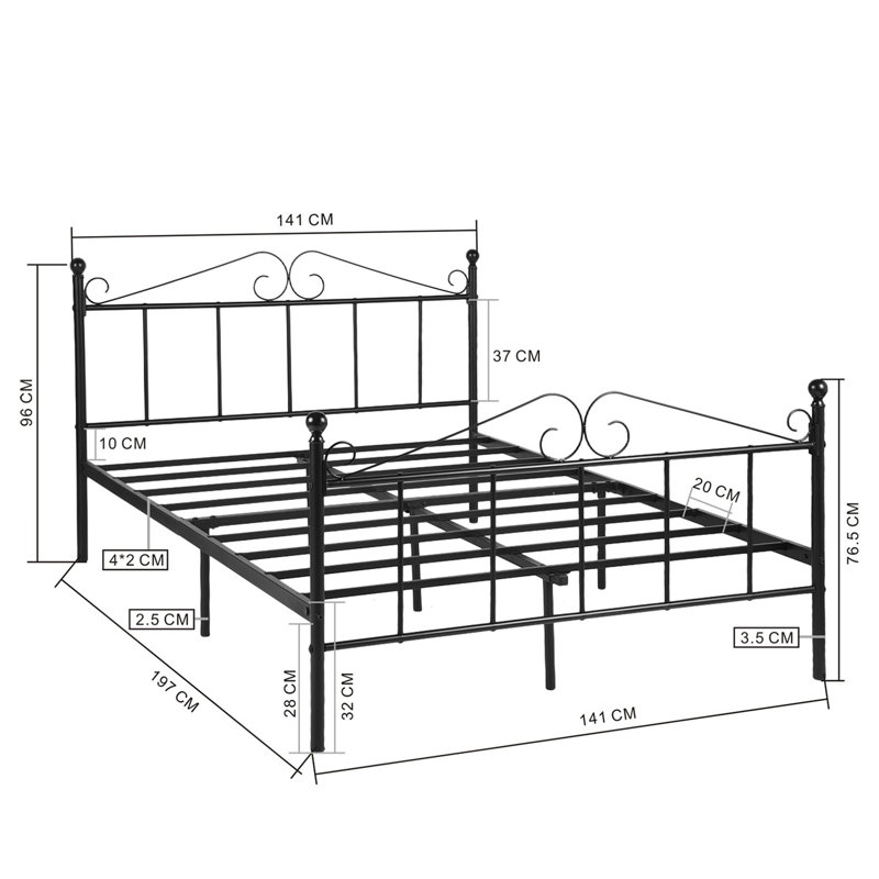 Halleck Metal Bed, Black, Double (4'6)