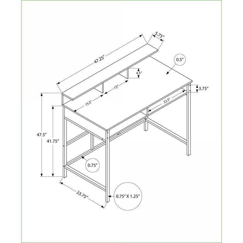 Bureaux, bureau d'ordinateur moderne de L 48 po avec huche et amp; Tablettes de rangement | Stratifié noir | Métal noir