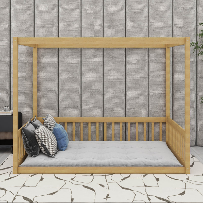 Lit double en bois d'hévéa avec clôture, Naturel