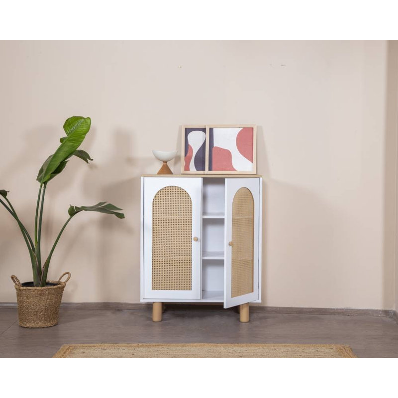Modern Scandinavian Sideboard, White & Oak, 35.4 x 41.3 x 16.1 inches | 100% MDF with Hornbeam Wood Legs & Handles | Numerous Shelves, Soft-Close Doors, Wall-Mountable | Stylish Storage Solution for Any Space