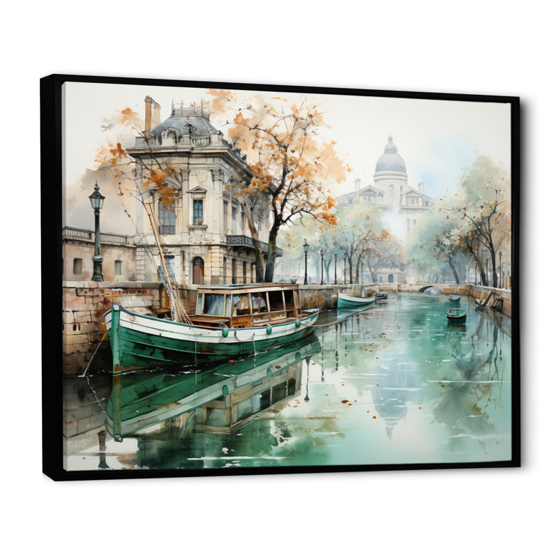 Paris Canal Saintmartin Reflections I - Cityscapes Canvas Wall Art, H 24 po x l 32 po x P 1 po, Cadre flottant noir